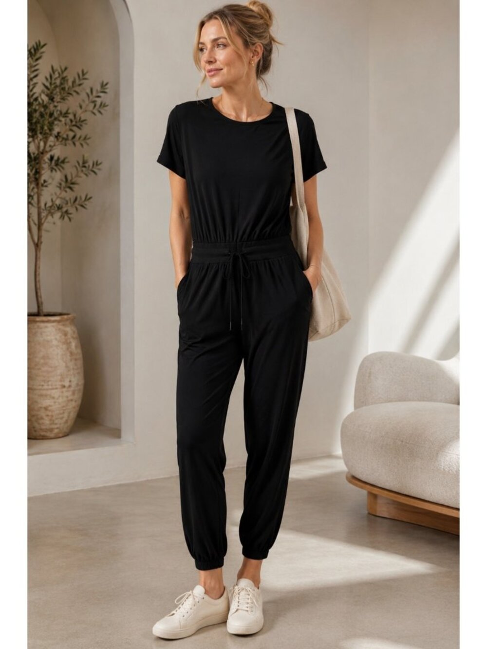Quiet Luxury Sweaty Betty Black Drawstring Jumpsuit Large Athleisure Travel